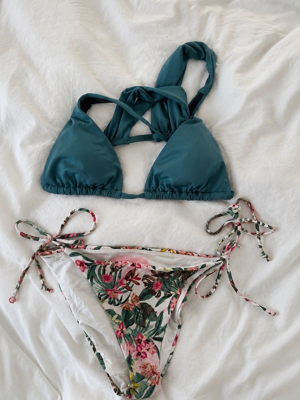 Victoria's Secret Top L Teal Triangle Bikini Top with Floral Tie-Side Bottom S